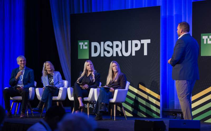 Aerospace's Debra Emmons and other judges on stage at TechCrunch Disrupt 2025.