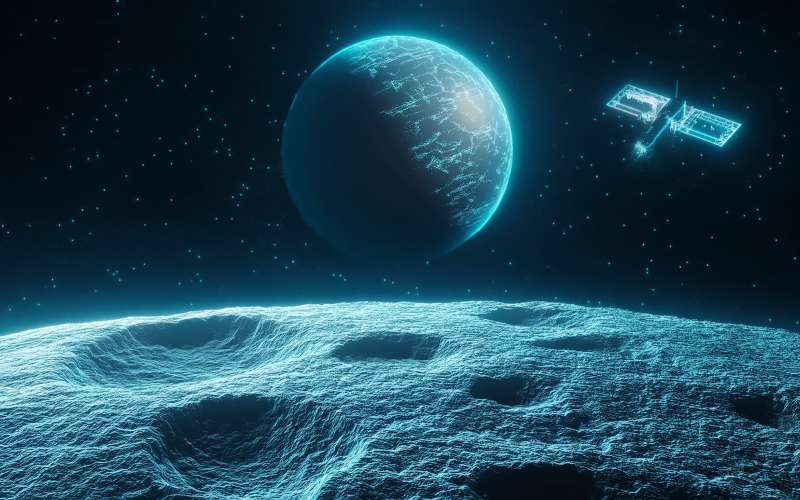 Digitized Moon with spacecraft and Earth in background