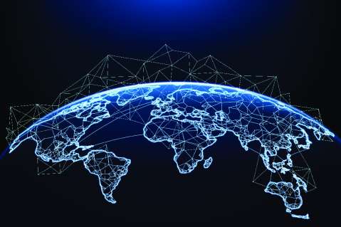 A graphic of the world interconnected, viewed from space.