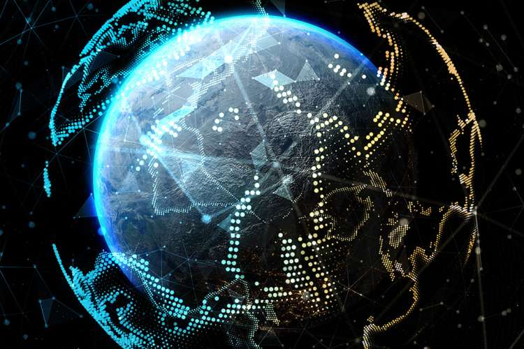 Artist rendering of earth with network node surrounding it