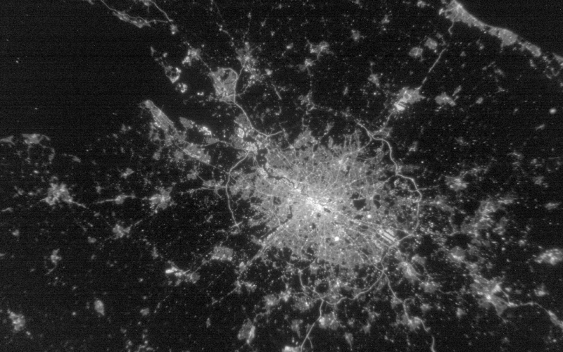 Overhead view of night lights of London