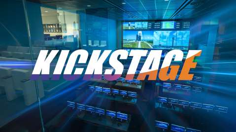 The word Kickstage over a picture of a launch control room.