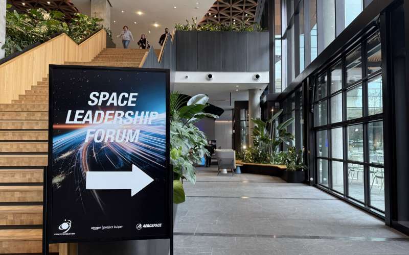 A sign reading "Space Leadership Forum" in Amazon's HQ2.