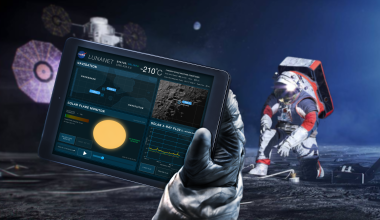 Astronaut using tablet on the Moon 